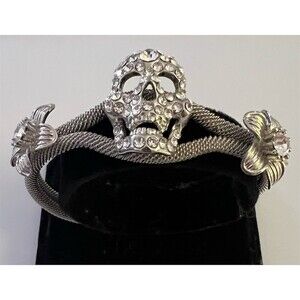 Fashion Bracelet Silver Tone Crystal Rhinestone Skull Mesh Open Cuff Jewelry